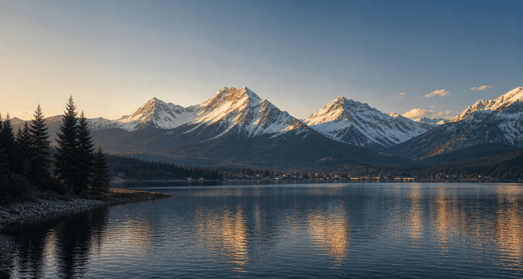 Lac et montagnes enneigées au coucher du soleil