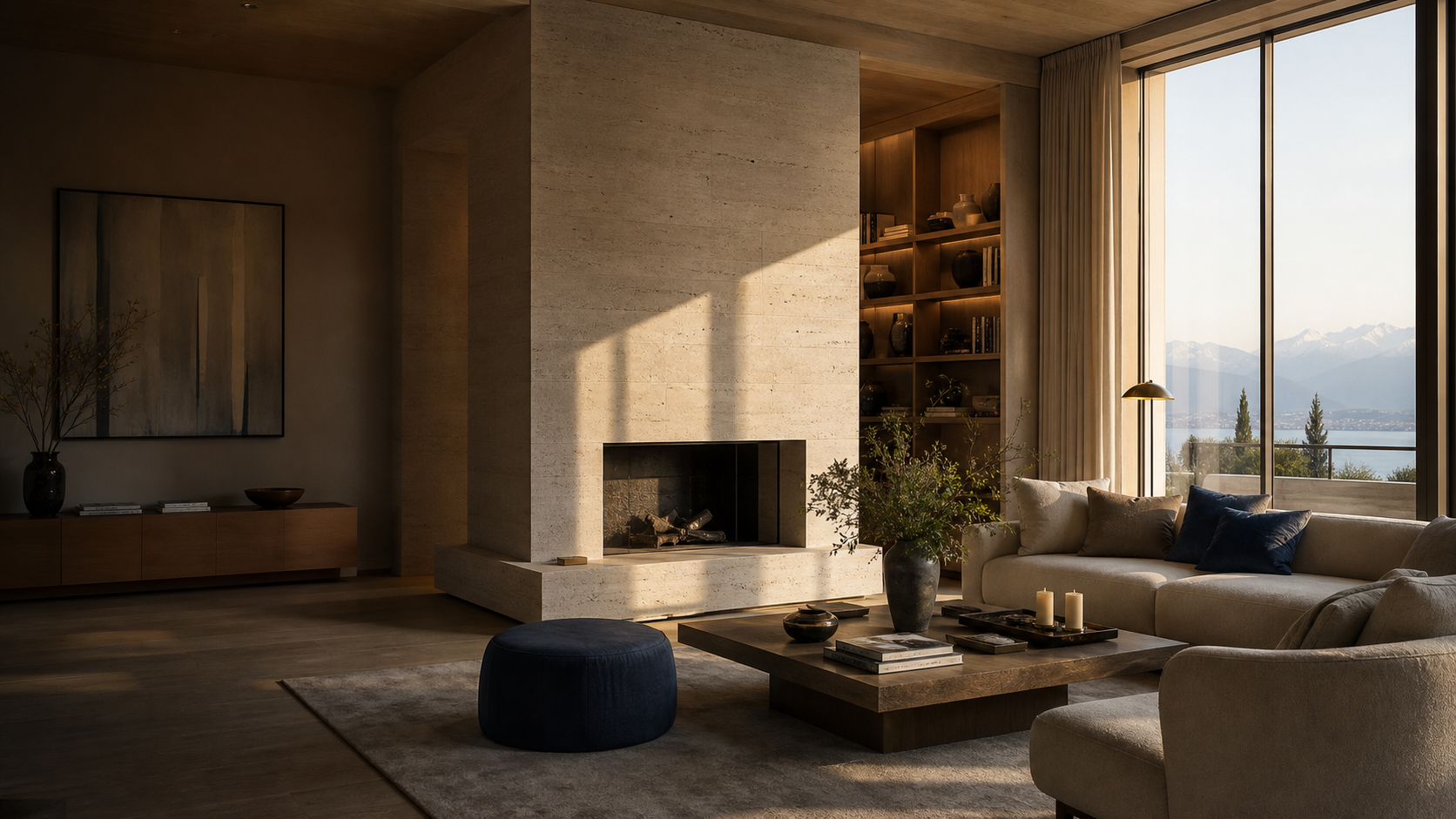 Intérieur contemporain lumineux avec vue sur le lac et les montagnes